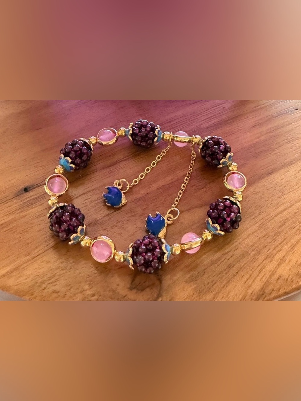 Gold-Plated Purple and Pink Beaded Women's Bracelet